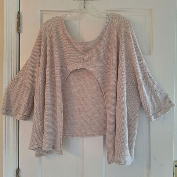 FREE PEOPLE STORYTELLER USA Made Waffle Knit Split Back TEE Swing Top OVERSIZE S - Picture 6 of 13